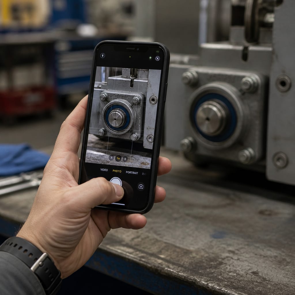 Gloved hand holding a phone over a worn bearing. Gritty, close-up, real.